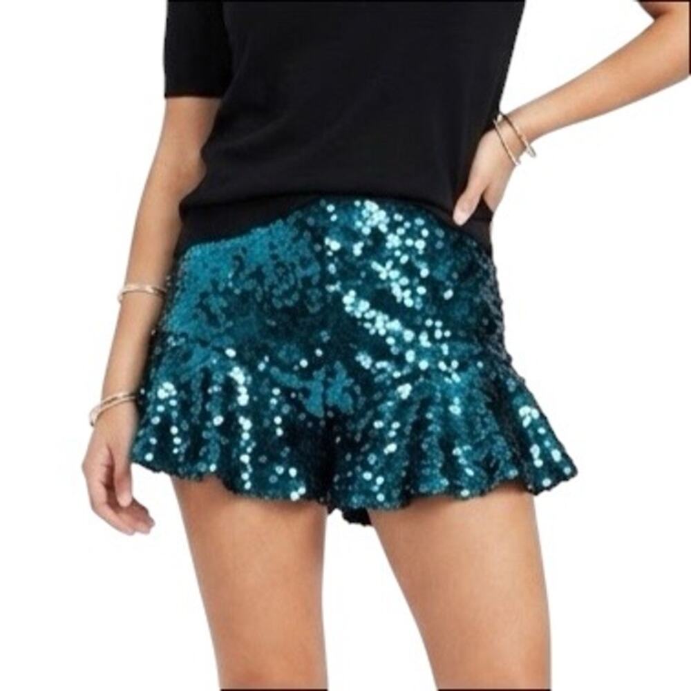 Lovers + Friends Ruffle Trim Teal Green Sequin Shorts Size Medium